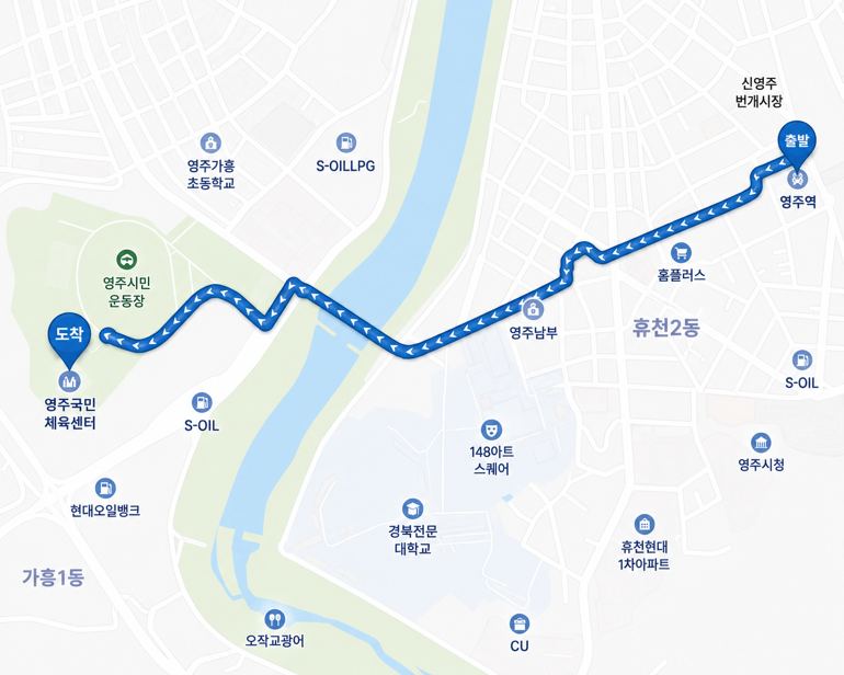 영주역에서 영주국민체육센터까지의 이동 경로 안내 지도